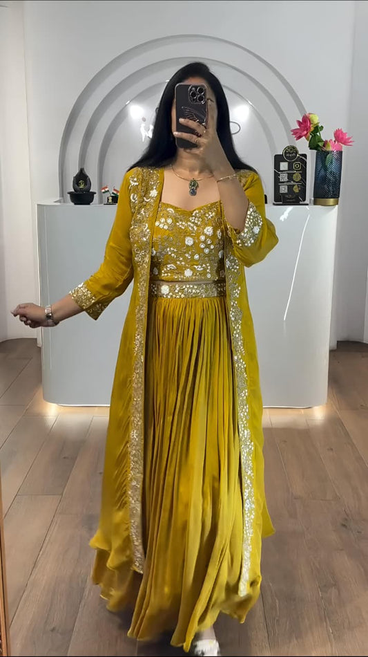 Yellow Chinnon Silk Three Piece Set