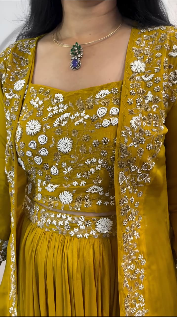 Yellow Chinnon Silk Three Piece Set