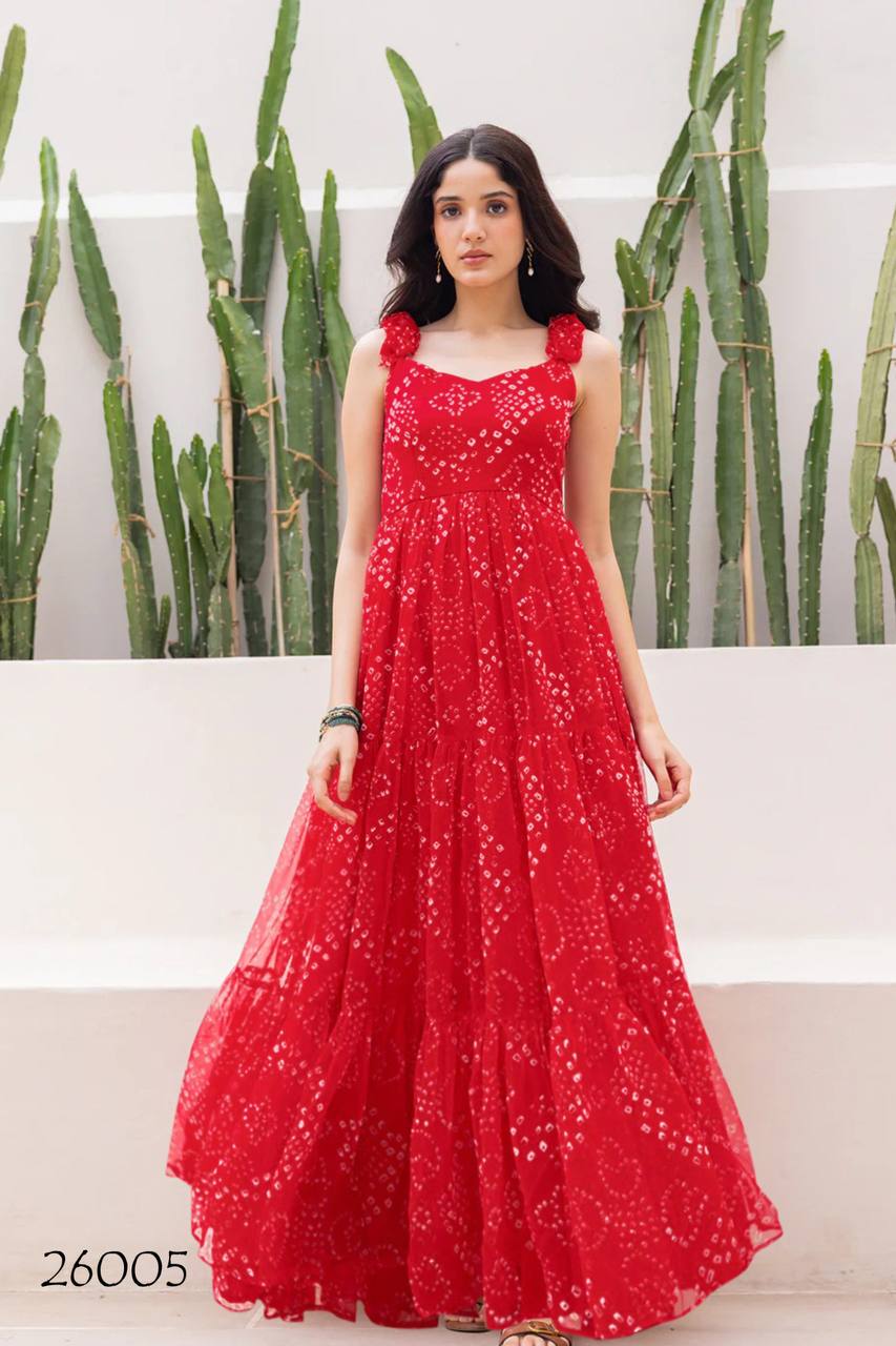 Red Trendy Bandhani One Piece Maxi Dress