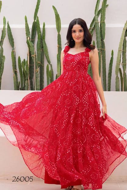 Red Trendy Bandhani One Piece Maxi Dress