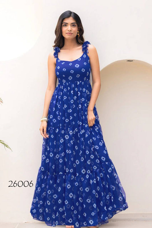 Blue Printed Bandhani One Piece Dress