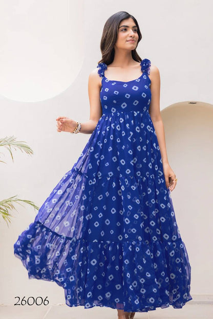 Blue Printed Bandhani One Piece Dress