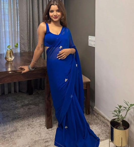 Blue Soft Georgette Handwork Cut Saree