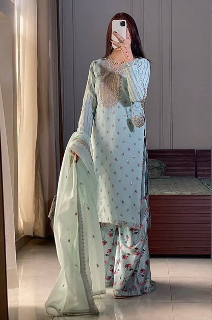 Mint Blue Georgette Embroidered 3 Piece Suit
