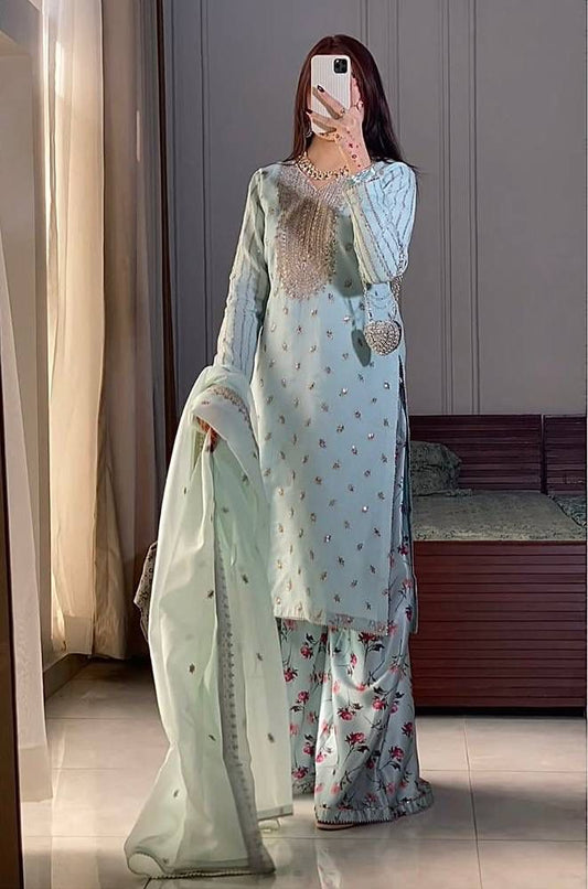Mint Blue Georgette Embroidered 3 Piece Suit