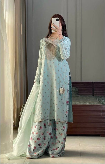 Mint Blue Georgette Embroidered 3 Piece Suit