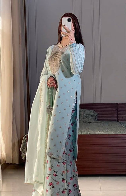 Mint Blue Georgette Embroidered 3 Piece Suit