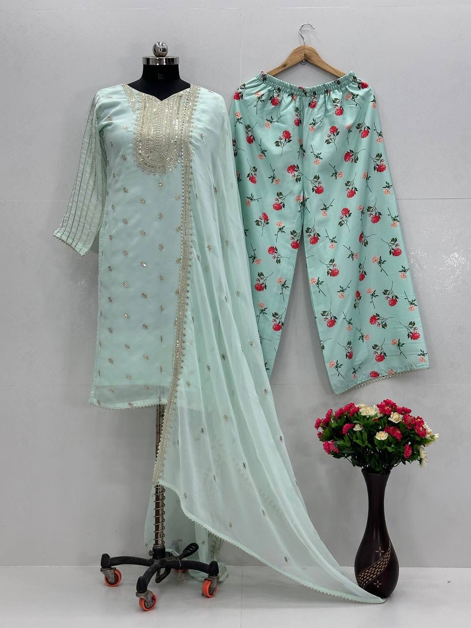 Mint Blue Georgette Embroidered 3 Piece Suit