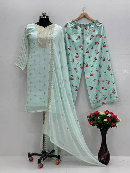 Mint Blue Georgette Embroidered 3 Piece Suit