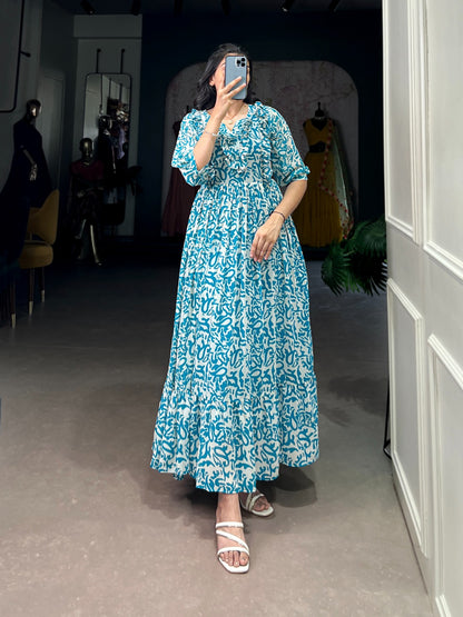 Blue Elegant Printed Designe Frock