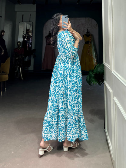 Blue Elegant Printed Designe Frock