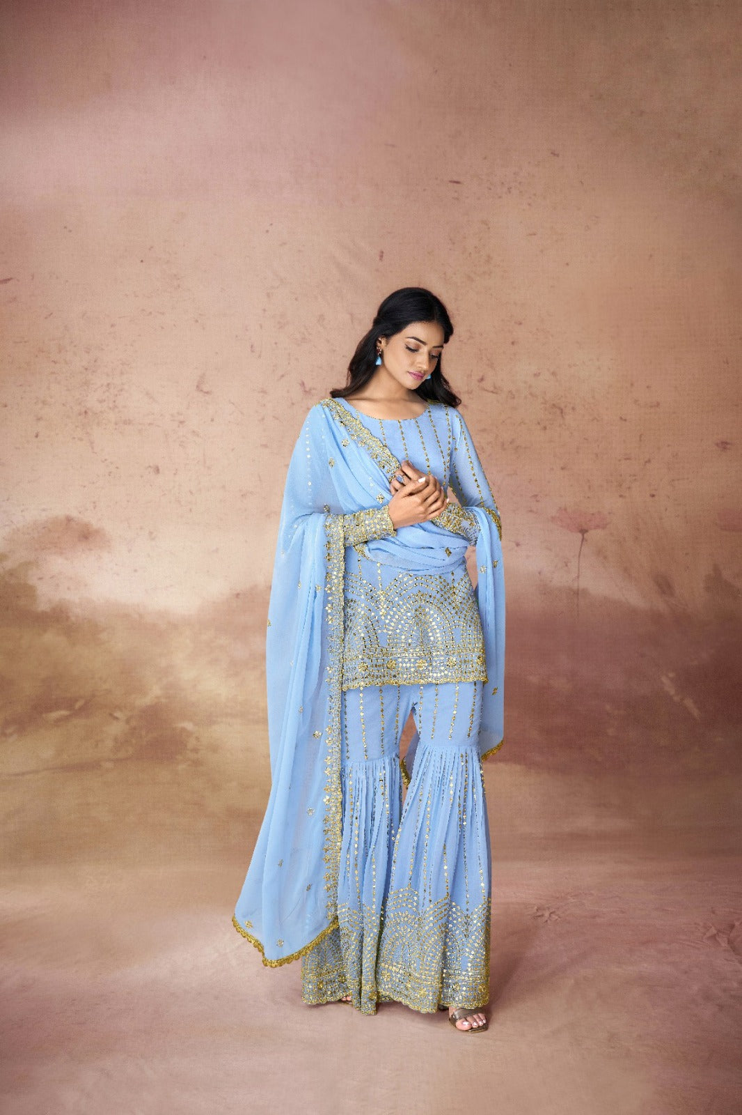 Sky Blue Beautifully Embroidered Georgette Sharara Suit