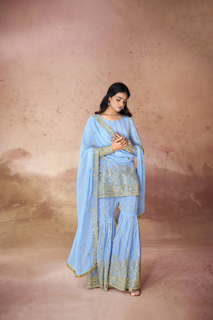 Sky Blue Beautifully Embroidered Georgette Sharara Suit
