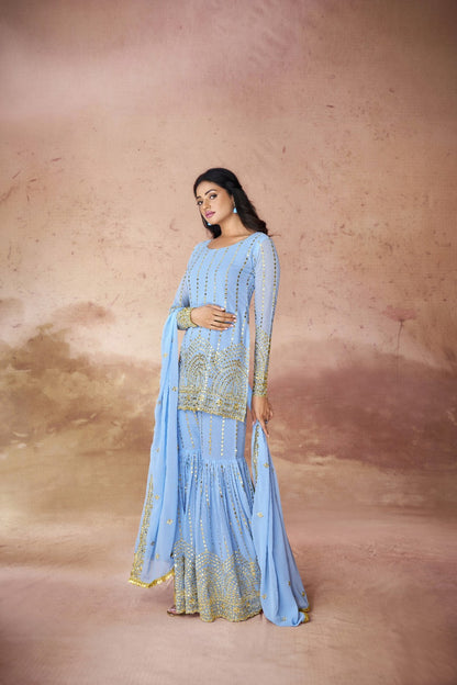 Sky Blue Beautifully Embroidered Georgette Sharara Suit