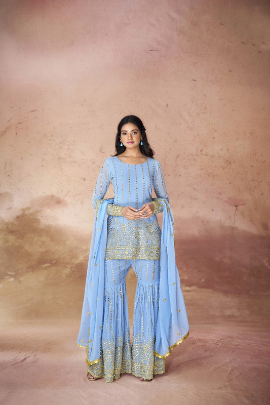 Sky Blue Beautifully Embroidered Georgette Sharara Suit