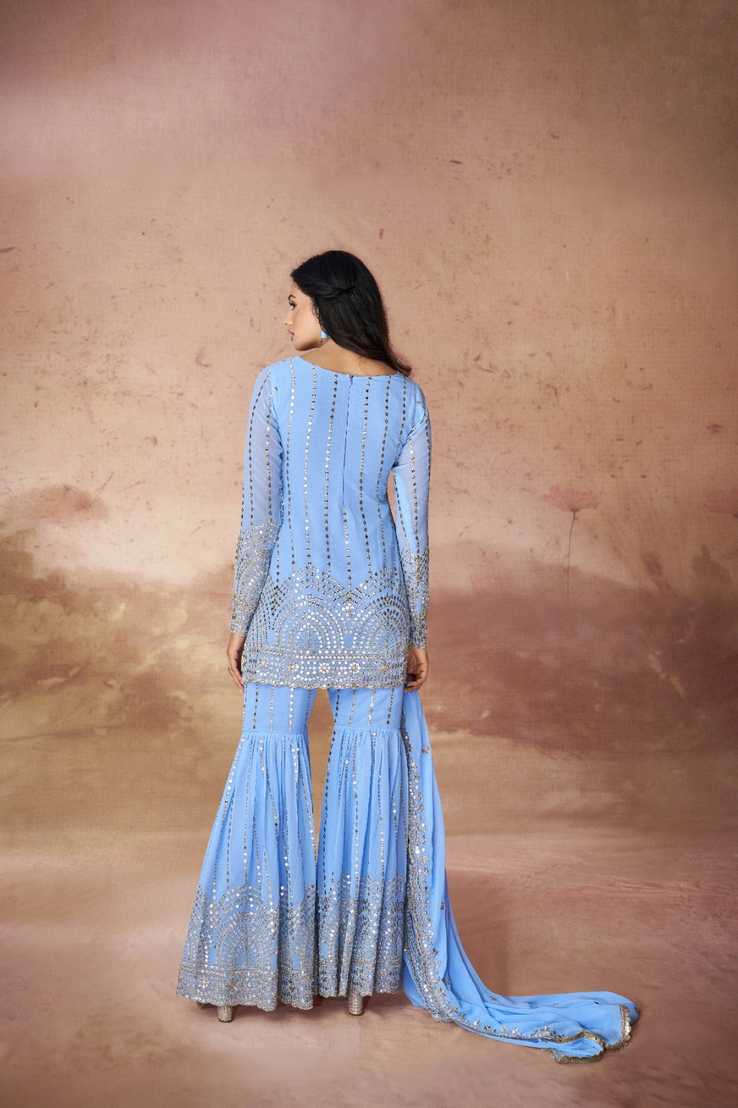 Sky Blue Beautifully Embroidered Georgette Sharara Suit