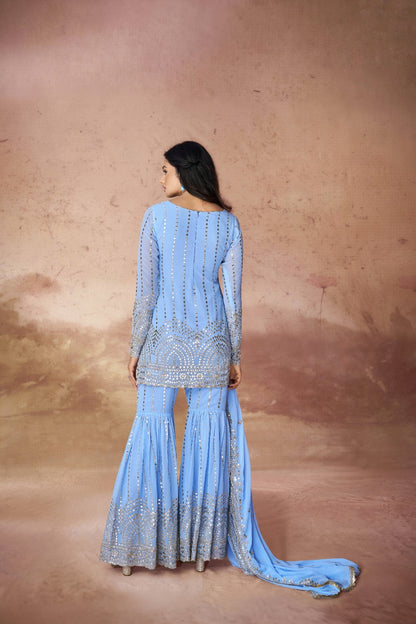 Sky Blue Beautifully Embroidered Georgette Sharara Suit