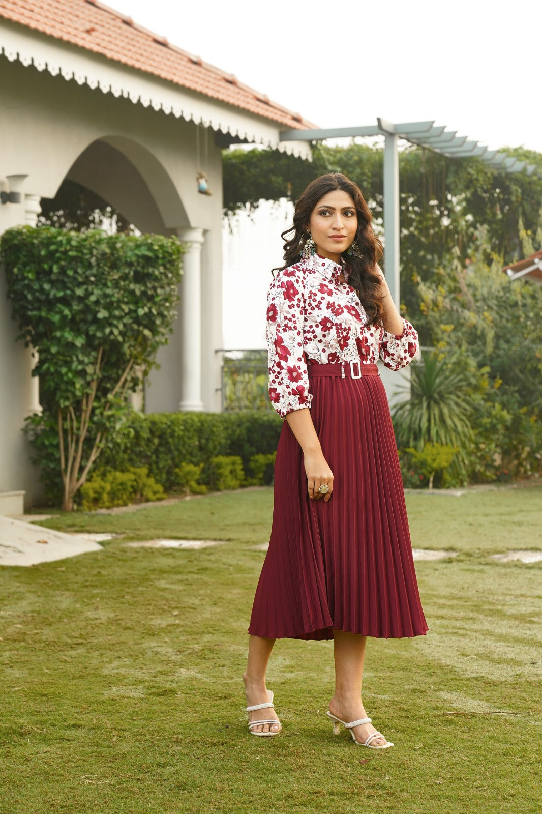 Wine Ready-to-Wear Red Pleated Co-ord Set