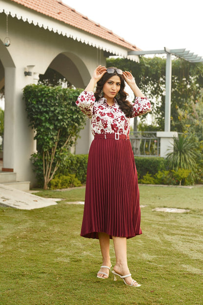 Wine Ready-to-Wear Red Pleated Co-ord Set