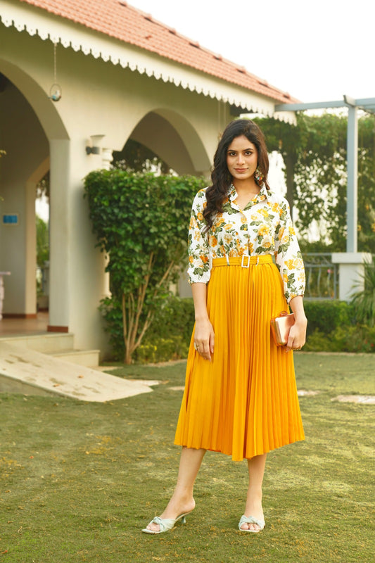 Yellow Floral Print Shirt and Skirt Co-ord Set