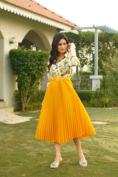 Yellow Floral Print Shirt and Skirt Co-ord Set