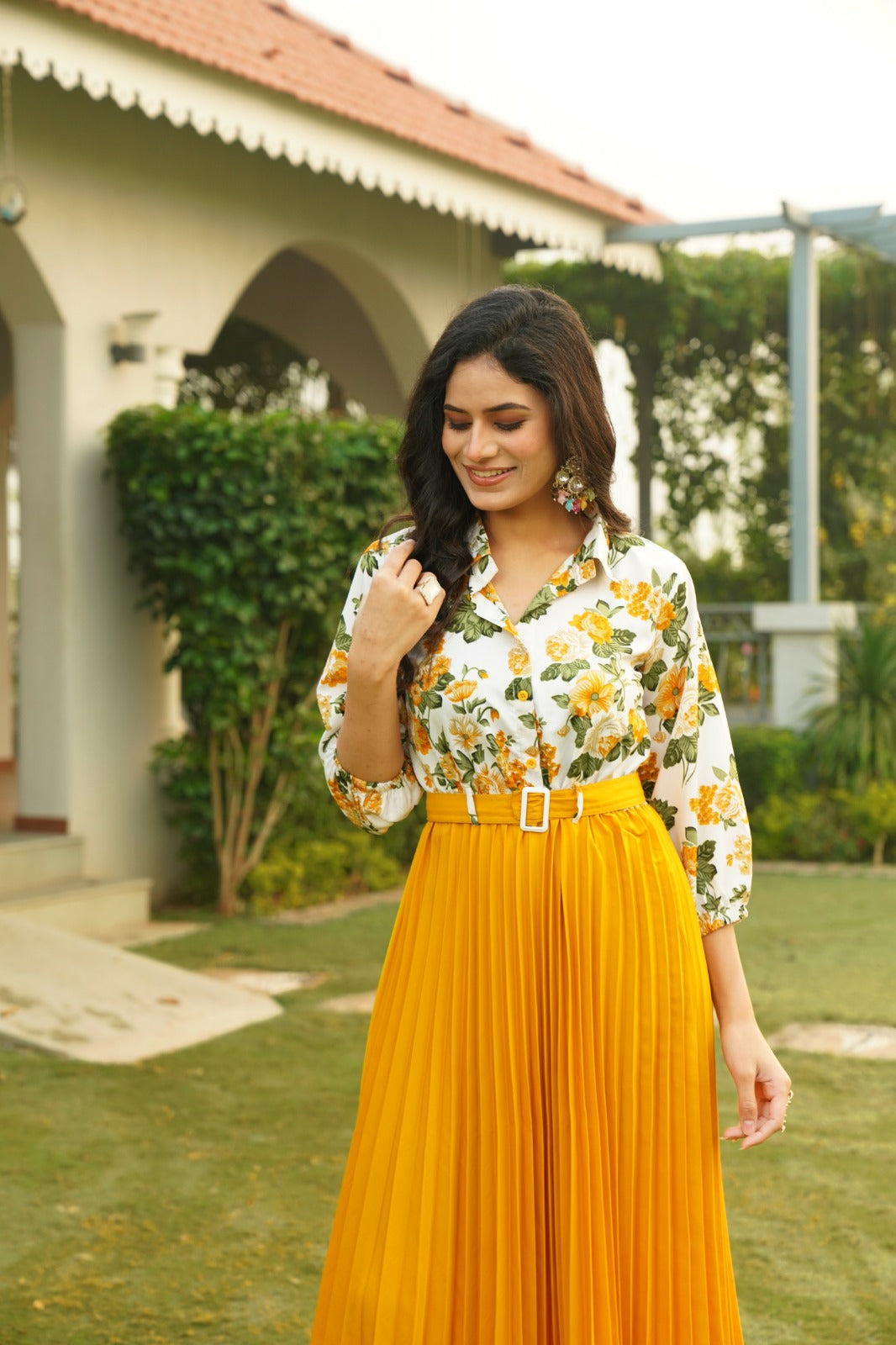 Yellow Floral Print Shirt and Skirt Co-ord Set