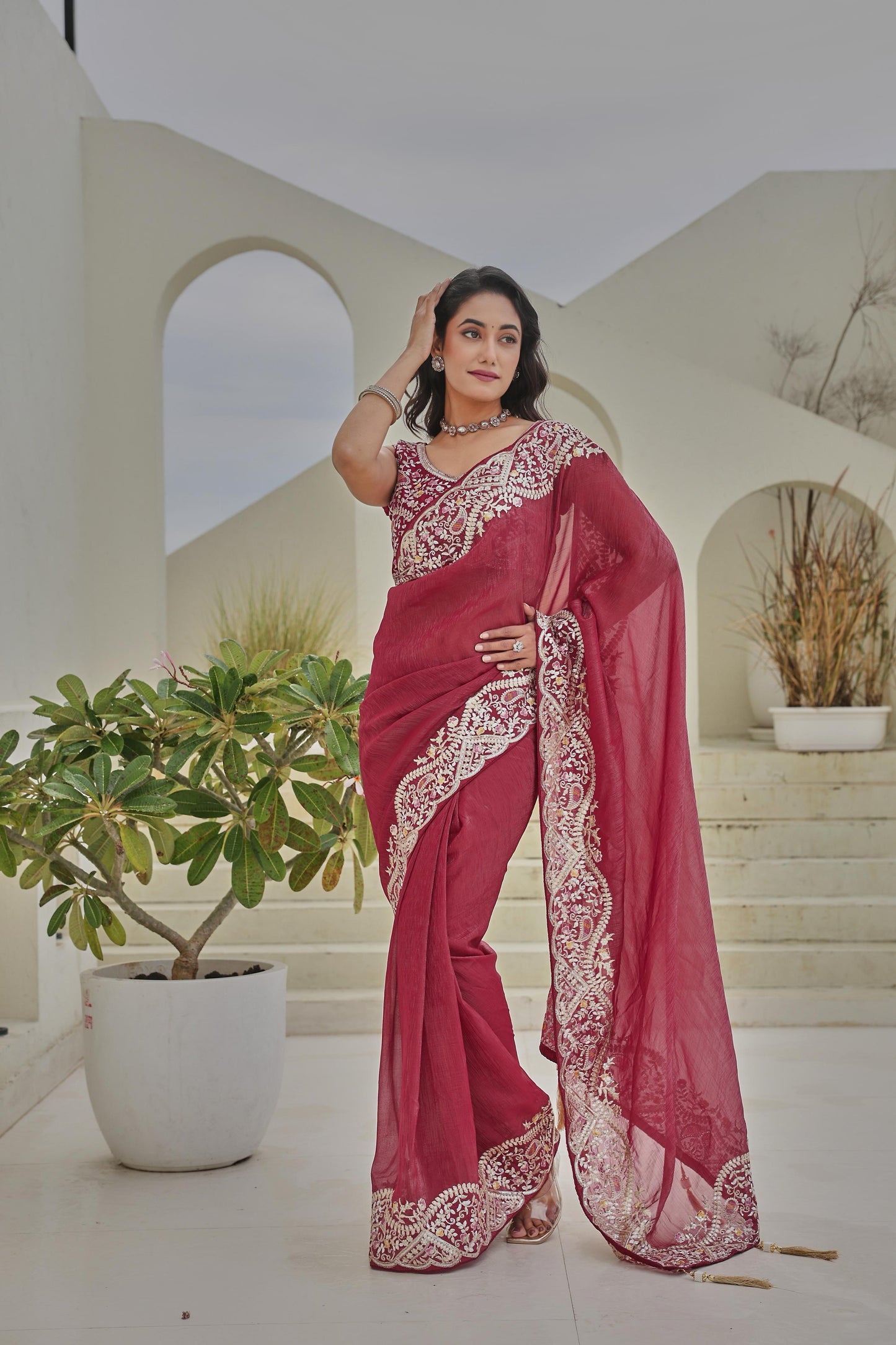 Maroon Heavy Mono Silk & Embroidered Saree