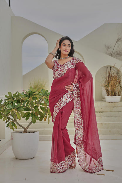 Maroon Heavy Mono Silk & Embroidered Saree