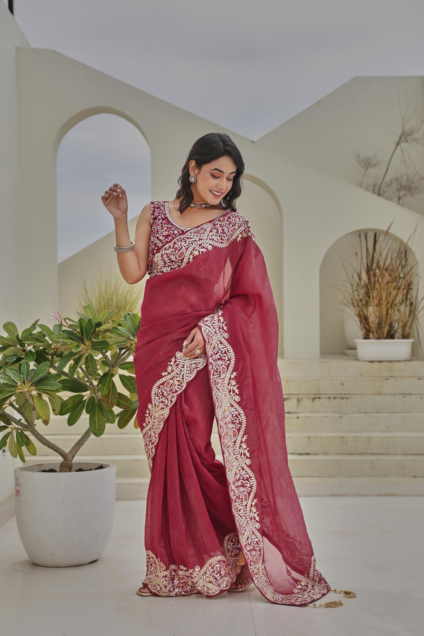 Maroon Heavy Mono Silk & Embroidered Saree