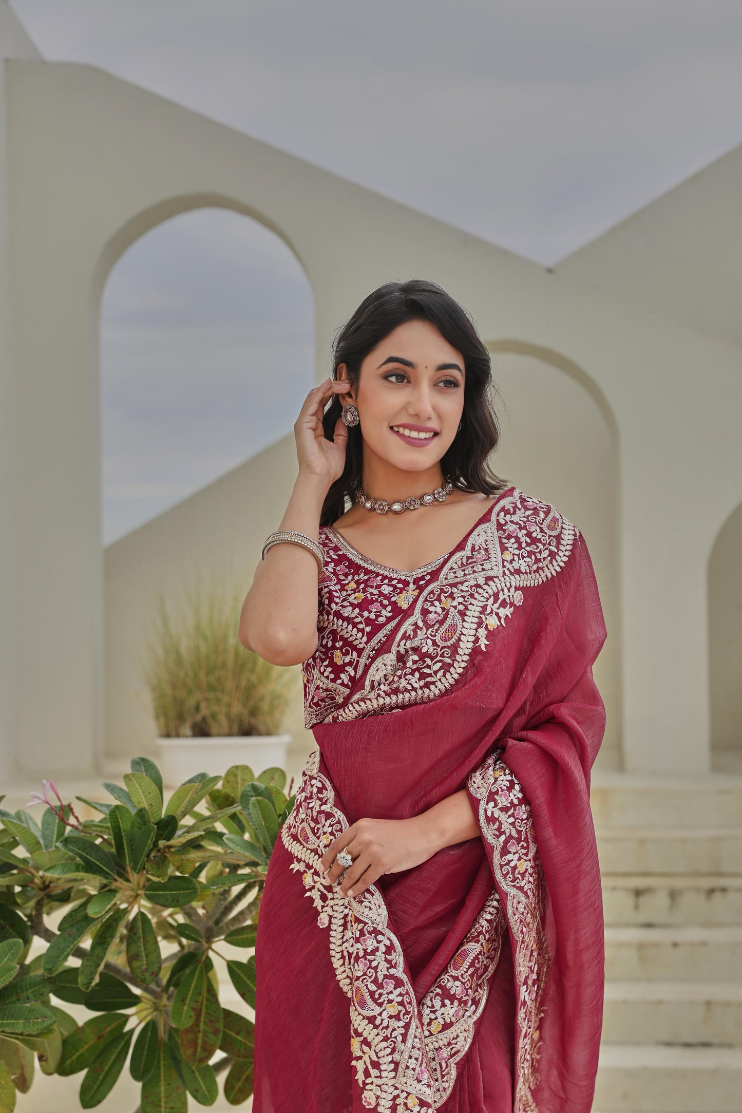 Maroon Heavy Mono Silk & Embroidered Saree