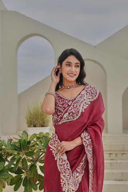 Maroon Heavy Mono Silk & Embroidered Saree