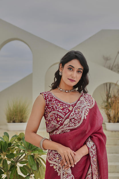 Maroon Heavy Mono Silk & Embroidered Saree