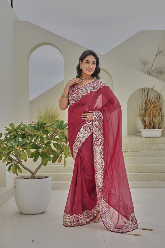Maroon Heavy Mono Silk & Embroidered Saree