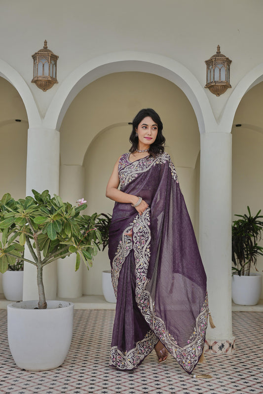 Purple Silver Crunchi Embroidered Work Saree