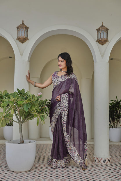 Purple Silver Crunchi Embroidered Work Saree