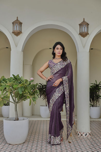 Purple Silver Crunchi Embroidered Work Saree