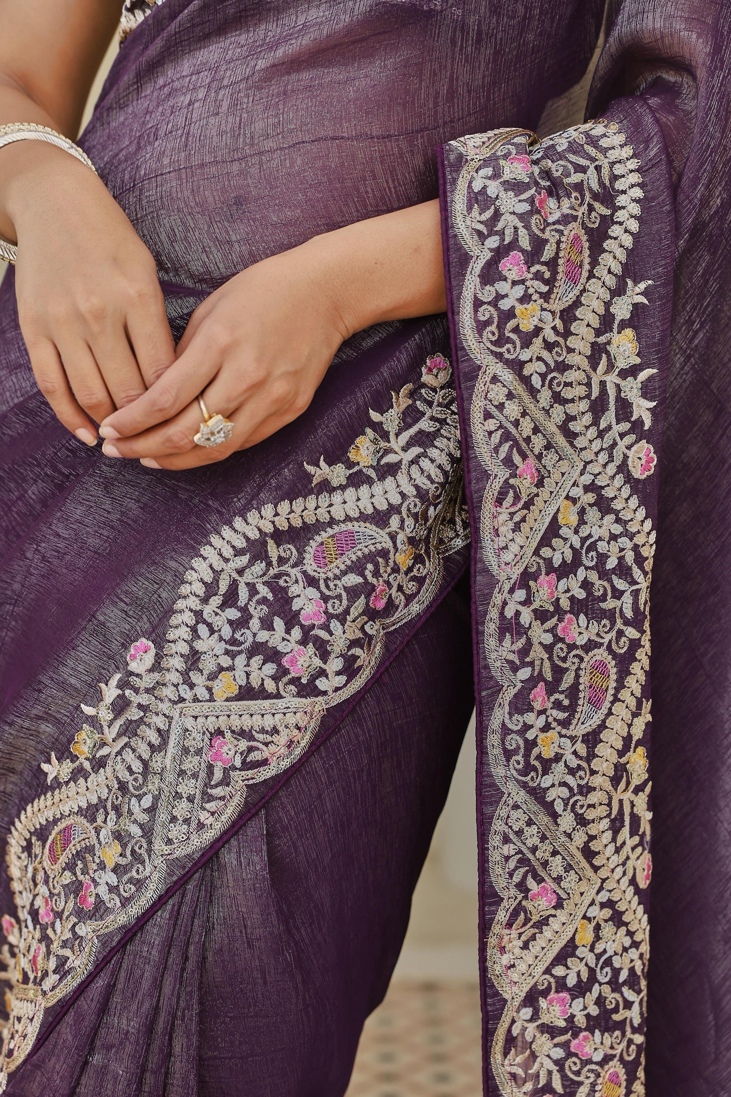 Purple Silver Crunchi Embroidered Work Saree