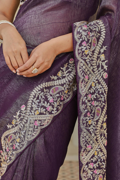 Purple Silver Crunchi Embroidered Work Saree