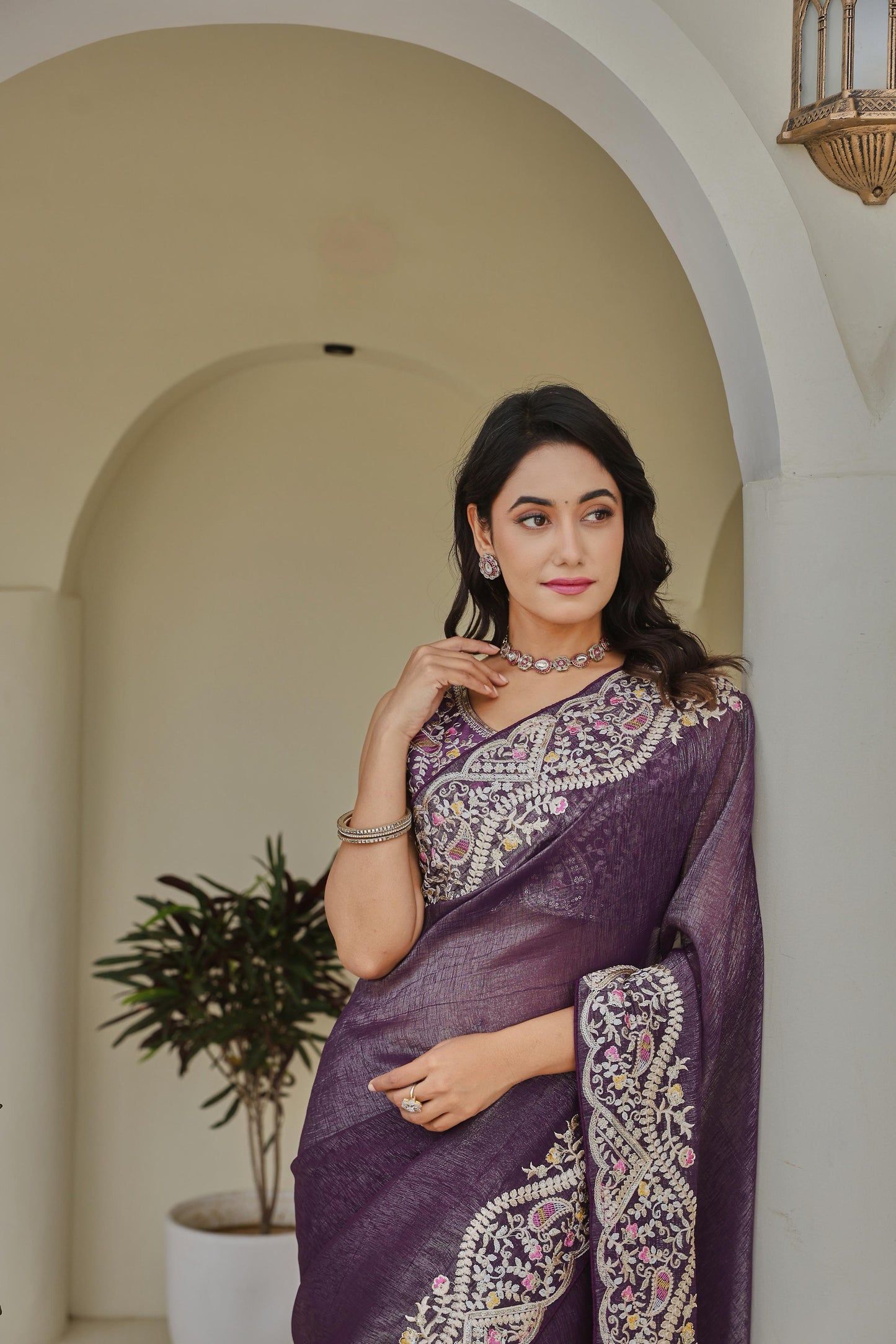 Purple Silver Crunchi Embroidered Work Saree