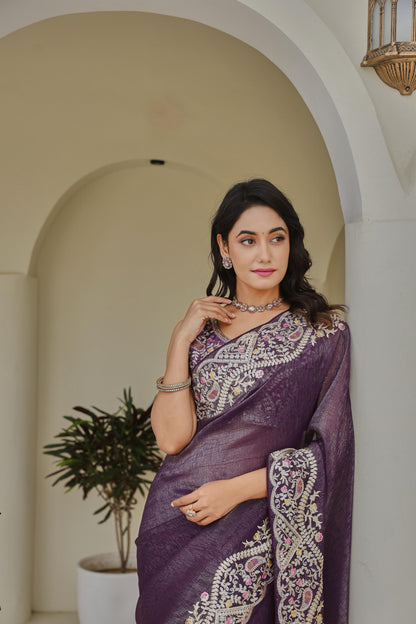 Purple Silver Crunchi Embroidered Work Saree