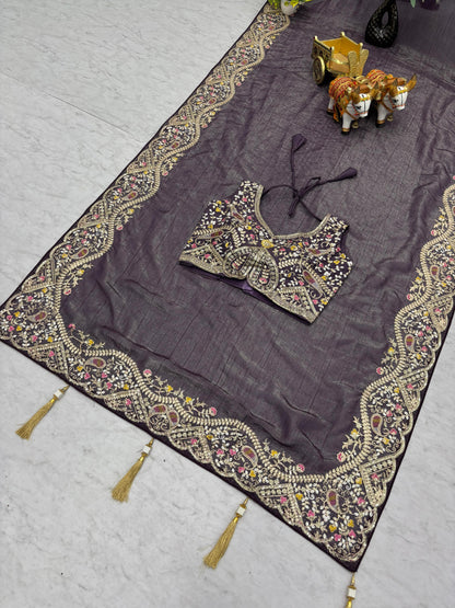 Purple Silver Crunchi Embroidered Work Saree