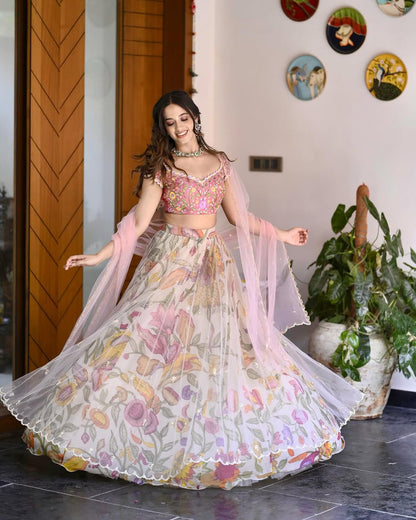 Off White Net Luxury Chinon Silk Designer Lehenga