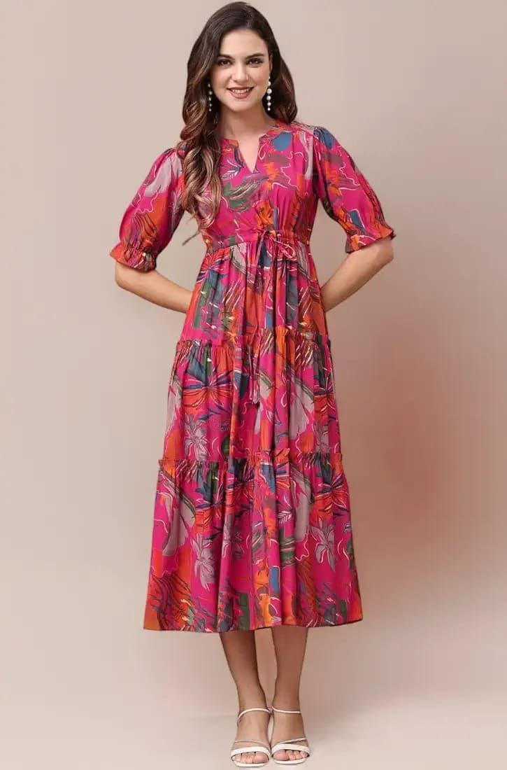 Pink Beautiful Floral Printed Midi Dress