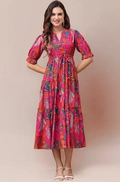 Pink Beautiful Floral Printed Midi Dress