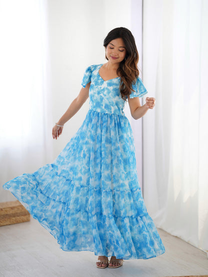 Sky Blue Georgette Digital Printed Wester Kurti