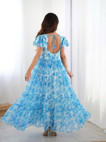 Sky Blue Georgette Digital Printed Wester Kurti