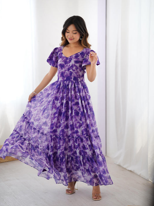 Purple Printed with Double Frill Western Dress