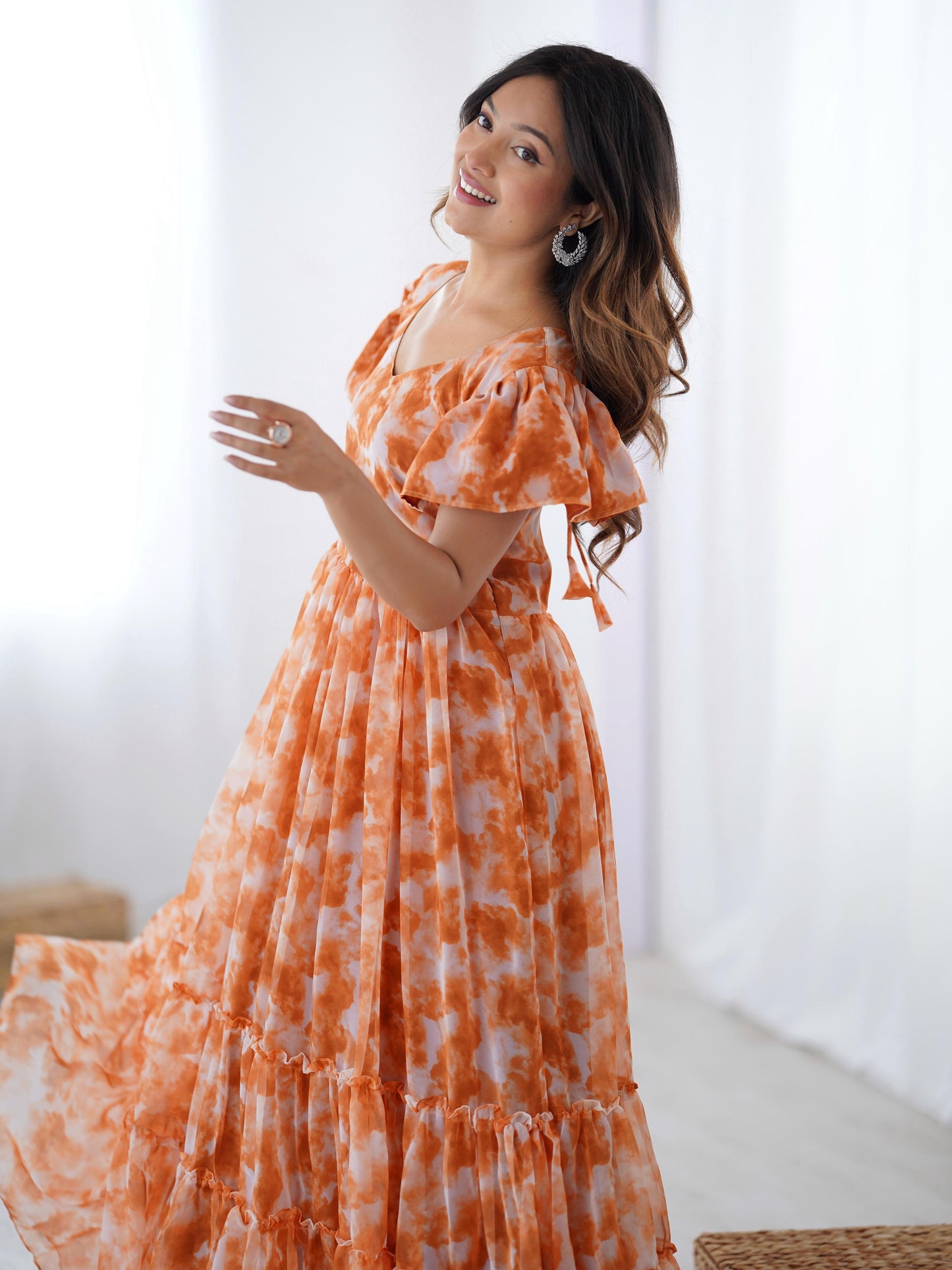 Orange Ethereal Clouds Flairy Western Kurtis
