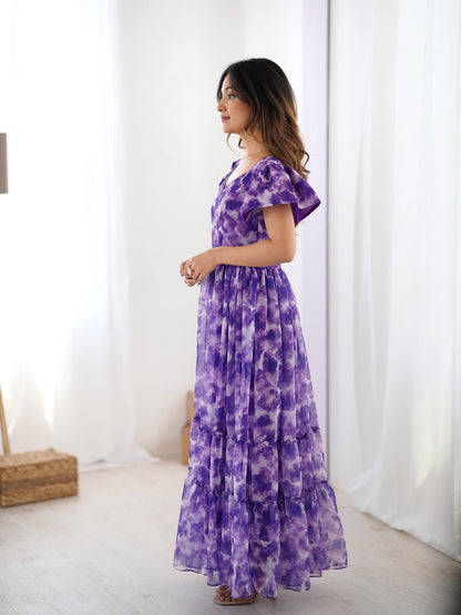Purple Printed with Double Frill Western Dress