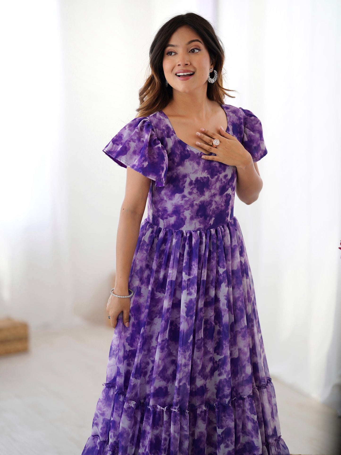 Purple Printed with Double Frill Western Dress